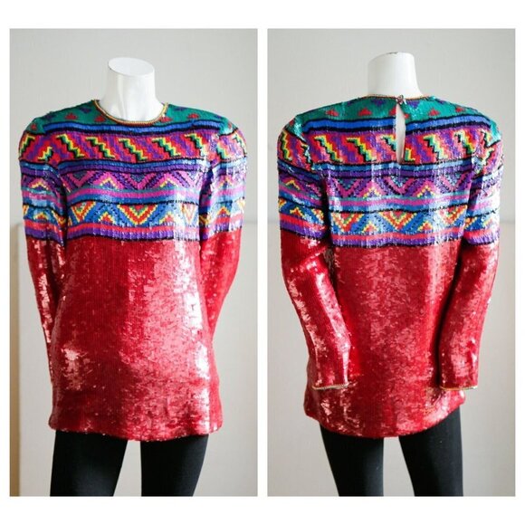 Vintage Jeet Colourful Southwestern Print Fully Beaded Colourful  Sequin Top 8 - Picture 1 of 12